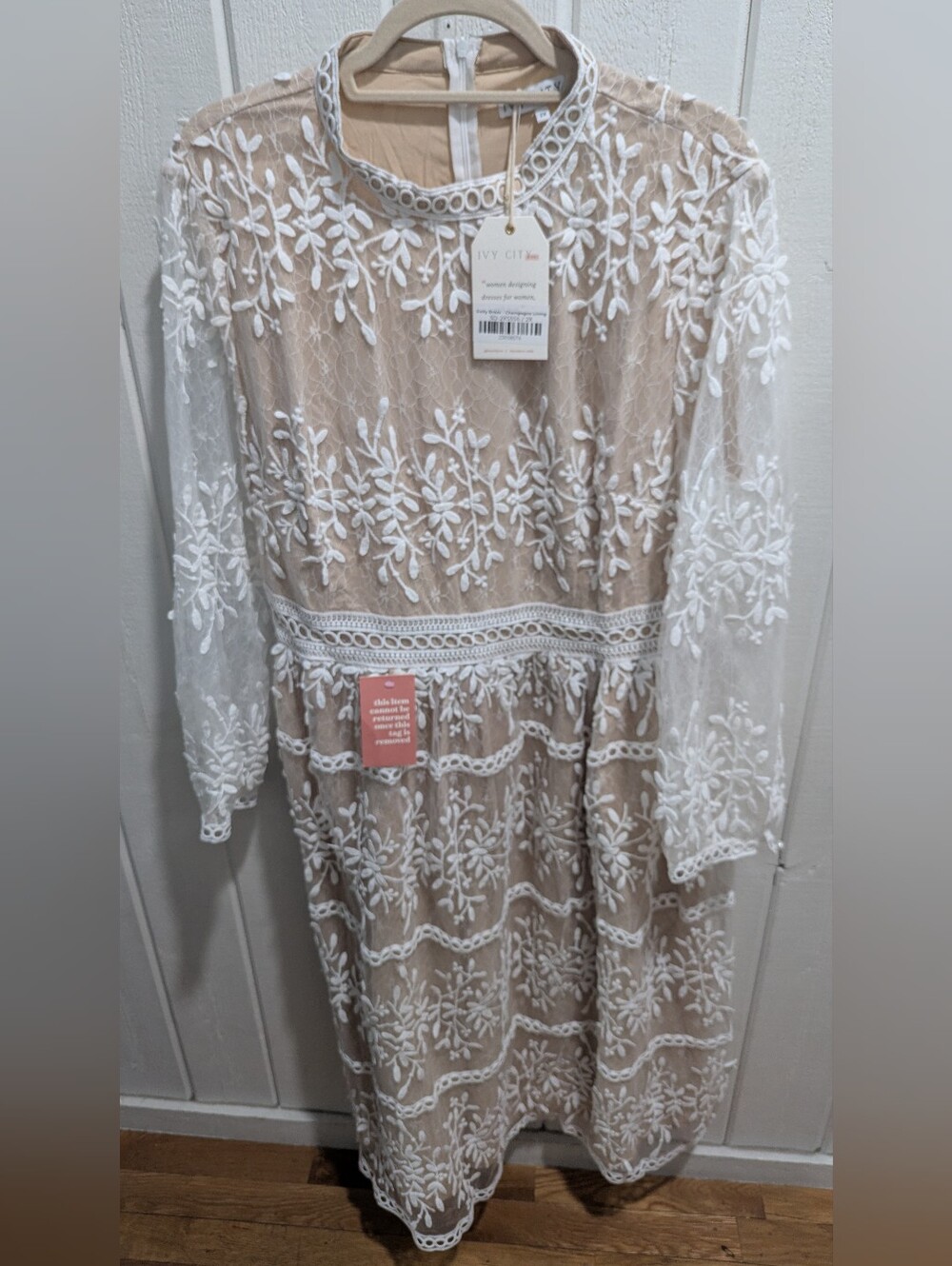 Ivy City Co Beige Dress with White Floral Lace Overlay - Long Sleeve